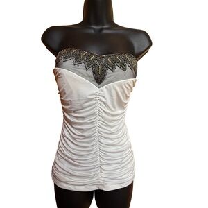 Wild Cat Elegant White Ruched Strapless Top with Black and Gold Detail